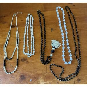 Vintage Black White Bead Necklace Lot Monochrome Costume Jewelry Collection